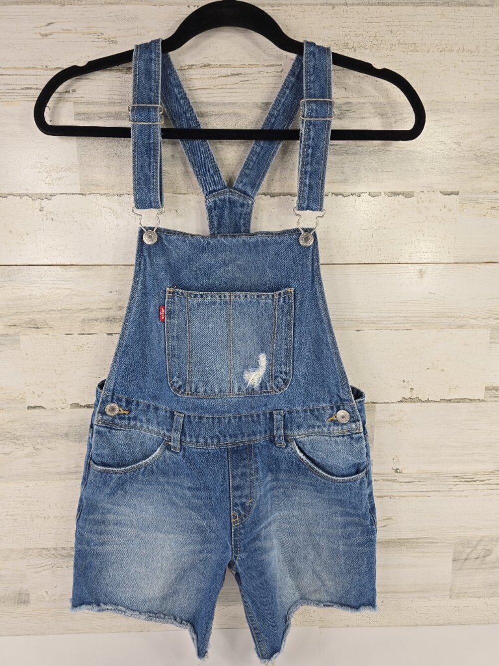 Levis Denim Overall Shortall Shorts Girls Sz 12 Regular Bib Rolled Hem Blue *EUC